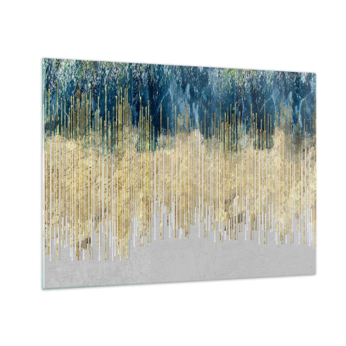 Tablou pe sticlă - Linii verticale aurii pe un fundal de pădure albastru închis - 70x50cm - Granița aurită - Decorațiune modernă pentru perete pentru living și dormitor ARTTOR