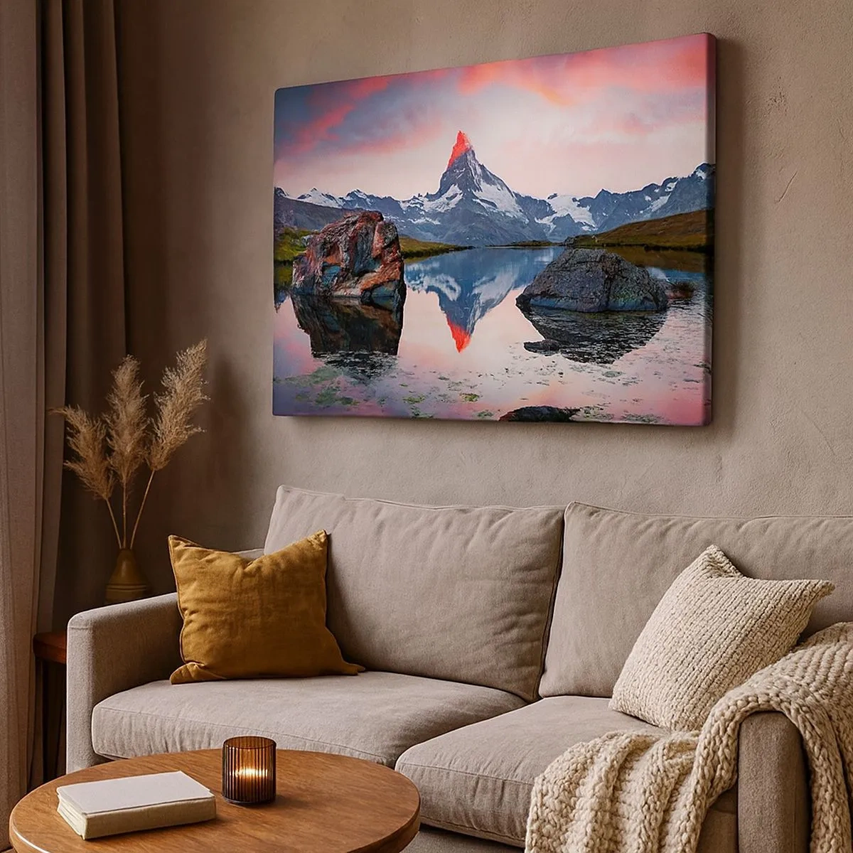 Tablou pe pânză Canvas - Un vârf de munte reflectat într-un lac la apus - 70x50cm - Inima munților este fierbinte - Decorațiune modernă pentru perete pentru living și dormitor ARTTOR