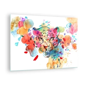 Tablou pe sticlă - Portret colorat în acuarelă al unui leopard - 70x50cm - Frumoasa și bestia - Decorațiune modernă pentru perete pentru living și dormitor ARTTOR