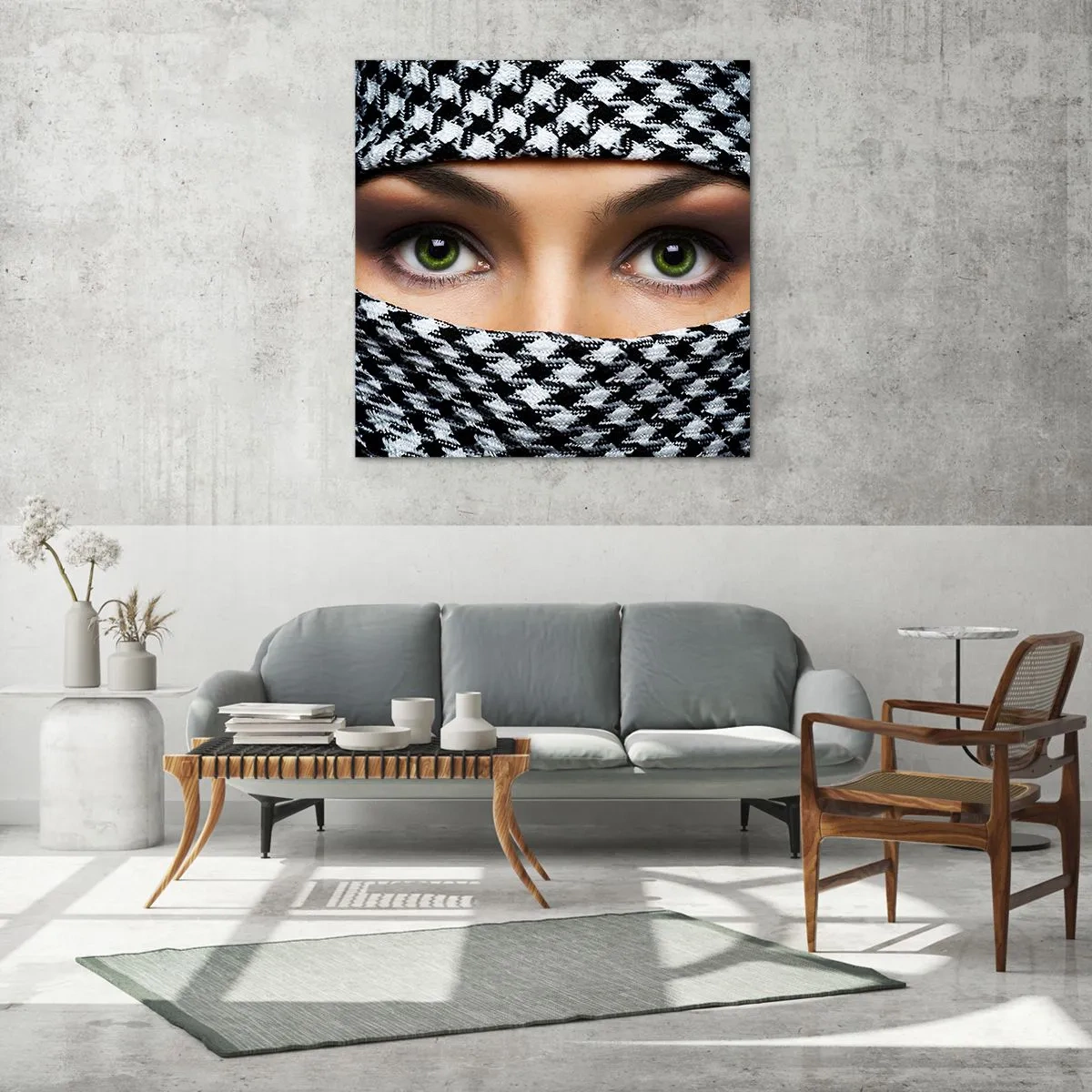 Tablou pe sticlă - Un portret al unei frumuseți cu ochii verzi - 70x70 cm