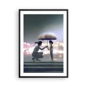 Poster în ramă neagră - Un adult înmânând o umbrelă unui copil pe un fundal ploios - 50x70cm - Și totul este bine acum - Decorațiune modernă pentru perete pentru living și dormitor ARTTOR