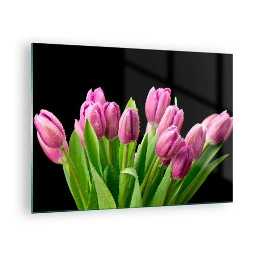 Tablou pe sticlă - Un buchet de lalele roz acoperite cu picături de apă pe un fundal negru. - 70x50cm - Bucurie de liliac de primăvară - Decorațiune modernă pentru perete pentru living și dormitor ARTTOR