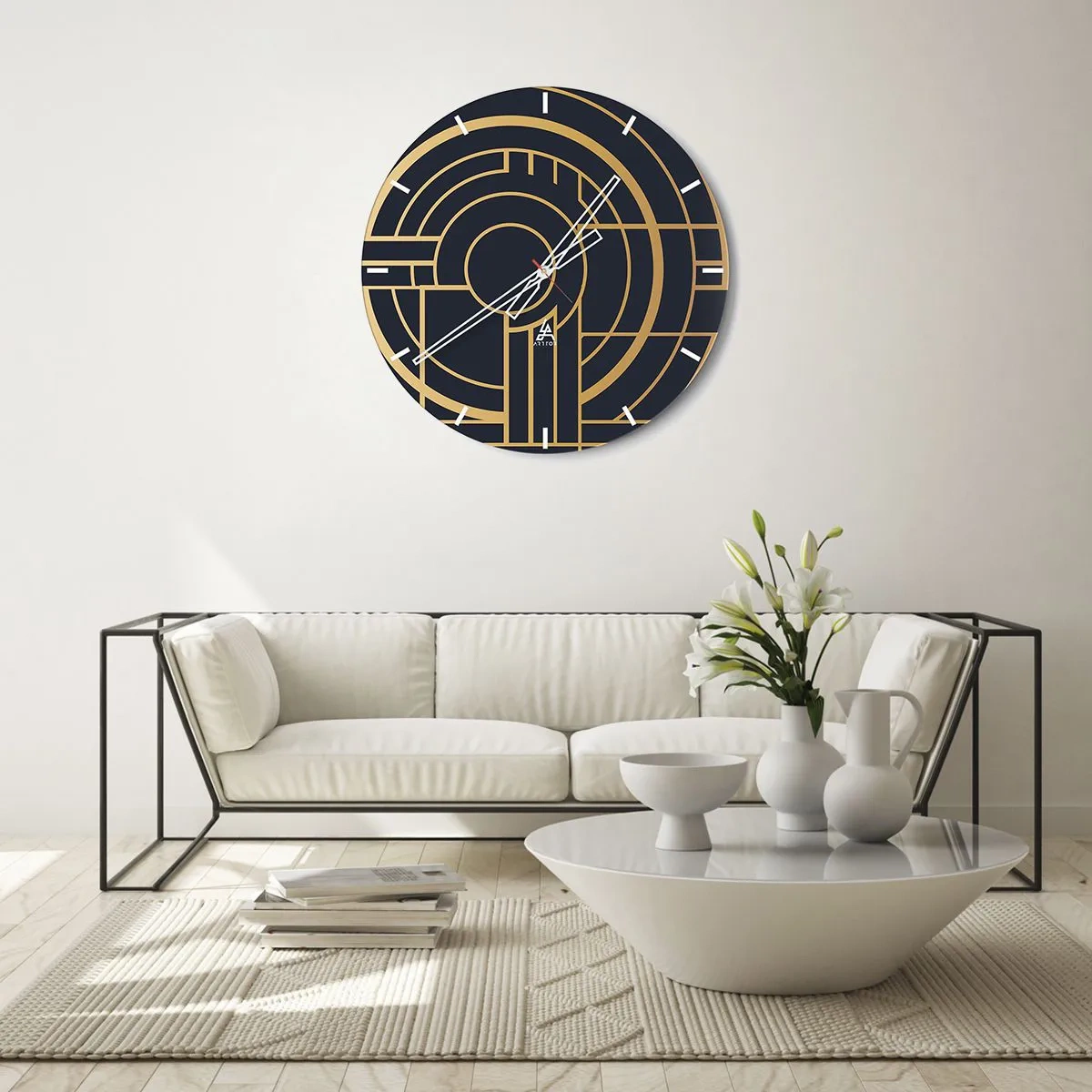 Ceas de perete - Ceas pe sticlă - Compoziție geometrică aurie și neagră cu un model concentric - 30x30cm - Întoarcerea lucrurilor - Decorațiune modernă pentru perete pentru living, bucătărie și dormitor ARTTOR