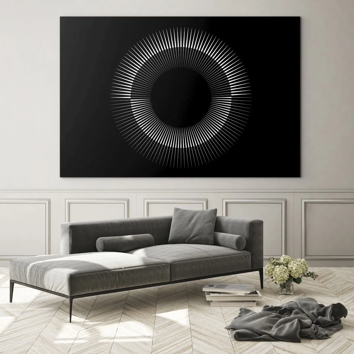 Tablou pe sticlă - Raze albe formând un cerc pe un fundal negru - 70x50cm - Soarele Negru - Decorațiune modernă pentru perete pentru living și dormitor ARTTOR