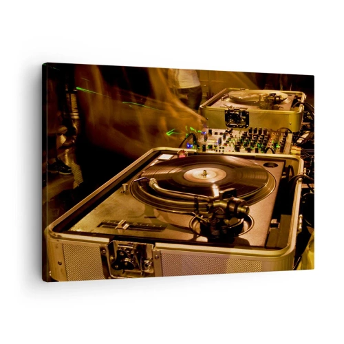 Tablou pe pânză Canvas - Echipament DJ cu platan și mixer în timpul unei petreceri - 70x50cm - Simți această putere? - Decorațiune modernă pentru perete pentru living și dormitor ARTTOR