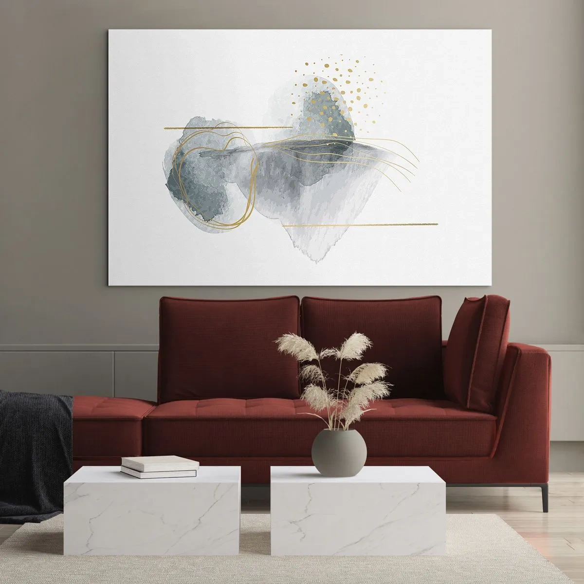 Tablou pe sticlă - O compoziție abstractă gri cu accente aurii - 70x50cm - Despre relația dintre gri și auriu - Decorațiune modernă pentru perete pentru living și dormitor ARTTOR