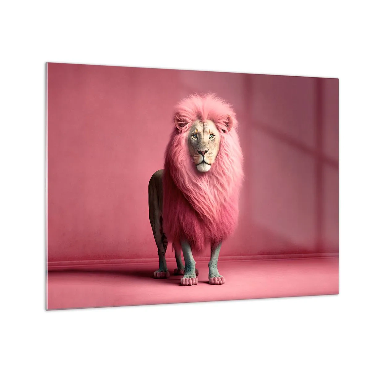 Tablou pe sticlă - Un leu cu coamă roz pe un perete pastelat - 70x50cm - Și nu-ți mai este frică - Decorațiune modernă pentru perete pentru living și dormitor ARTTOR