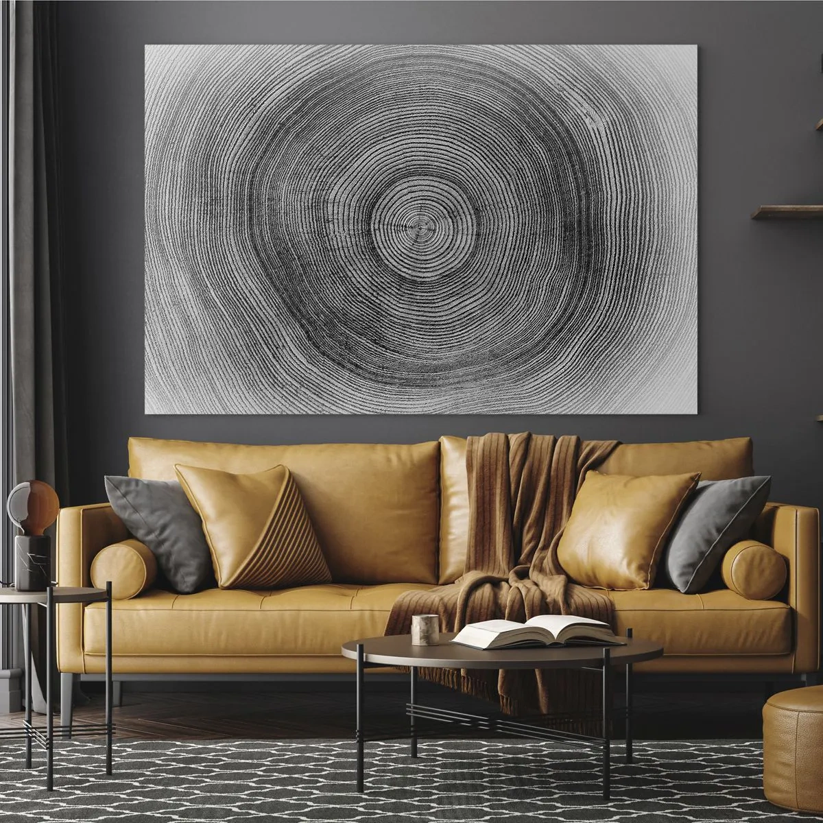 Tablou pe sticlă - Linii concentrice ale inelelor copacilor prezentate într-o estetică alb-negru - 70x50cm - Un semn al vremurilor - Decorațiune modernă pentru perete pentru living și dormitor ARTTOR