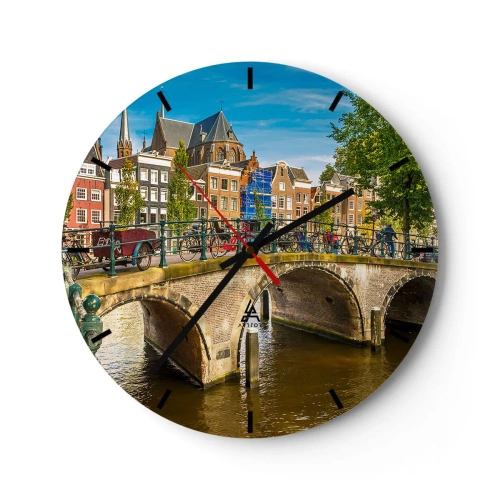 Ceas de perete - Ceas pe sticlă - Un pod pitoresc peste canal, înconjurat de clădiri și biciclete - 30x30cm - Primăvara lângă canal - Decorațiune modernă pentru perete pentru living, bucătărie și dormitor ARTTOR
