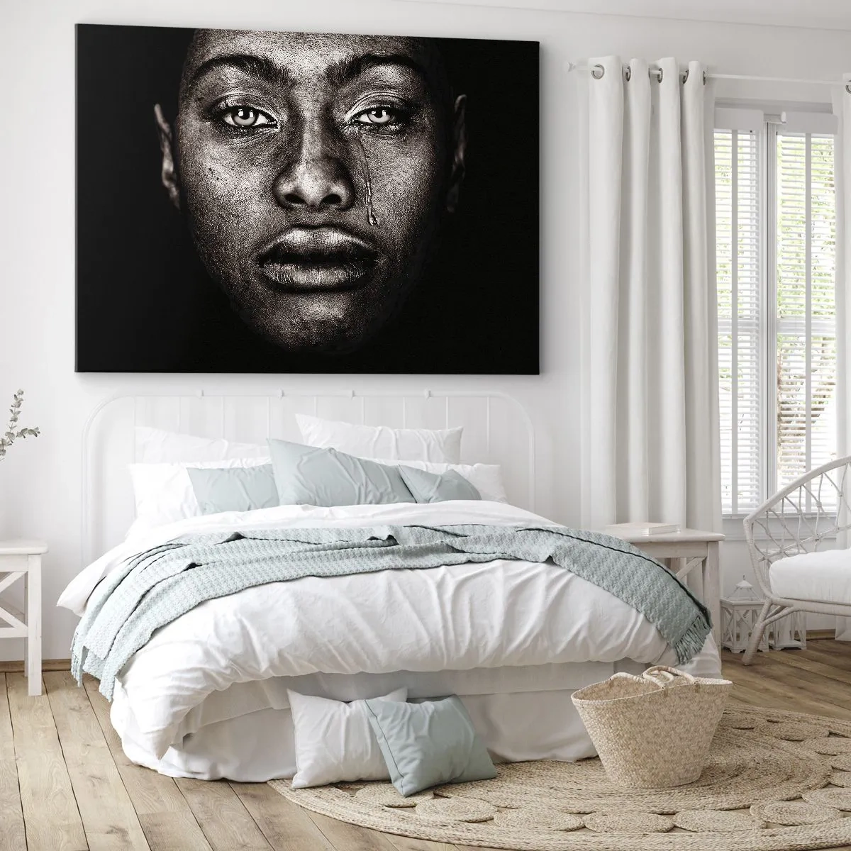 Tablou pe pânză Canvas - Portretul unei fețe cu o singură lacrimă pe fundal negru - 70x50cm - O singură lacrimă - Decorațiune modernă pentru perete pentru living și dormitor ARTTOR