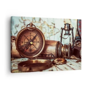 Tablou pe pânză Canvas - Un set retro cu busolă, telescop și hartă într-o temă de călătorie - 70x50cm - Te așteaptă o aventură cu pirați în Caraibe - Decorațiune modernă pentru perete pentru living și dormitor ARTTOR