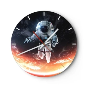 Ceas de perete - Ceas pe sticlă - Un astronaut plutind în spațiu cu o vedere asupra Pământului - 30x30cm - Pot să mai stau un pic? - Decorațiune modernă pentru perete pentru living, bucătărie și dormitor ARTTOR