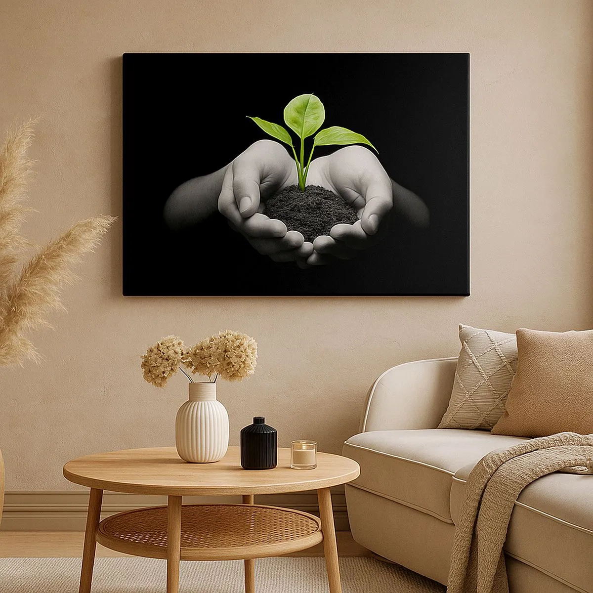 Tablou pe pânză Canvas - Mâini care țin o plantă verde pe un fundal negru - 70x50cm - Iubesc natura, o protejez - Decorațiune modernă pentru perete pentru living și dormitor ARTTOR