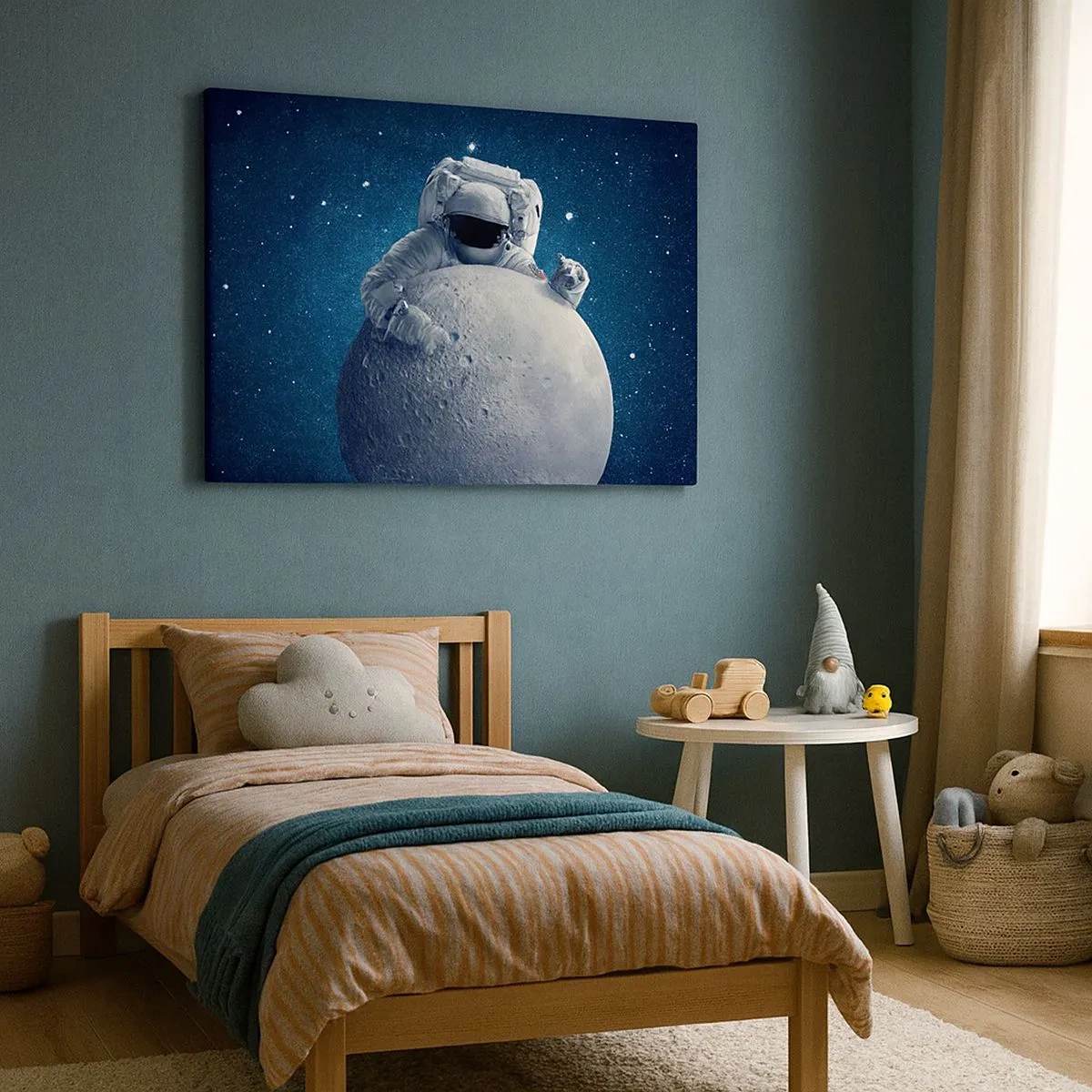 Tablou pe pânză Canvas - Astronautul ține luna pe un cer înstelat - 70x50cm - Glumeț spațial - Decorațiune modernă pentru perete pentru living și dormitor ARTTOR