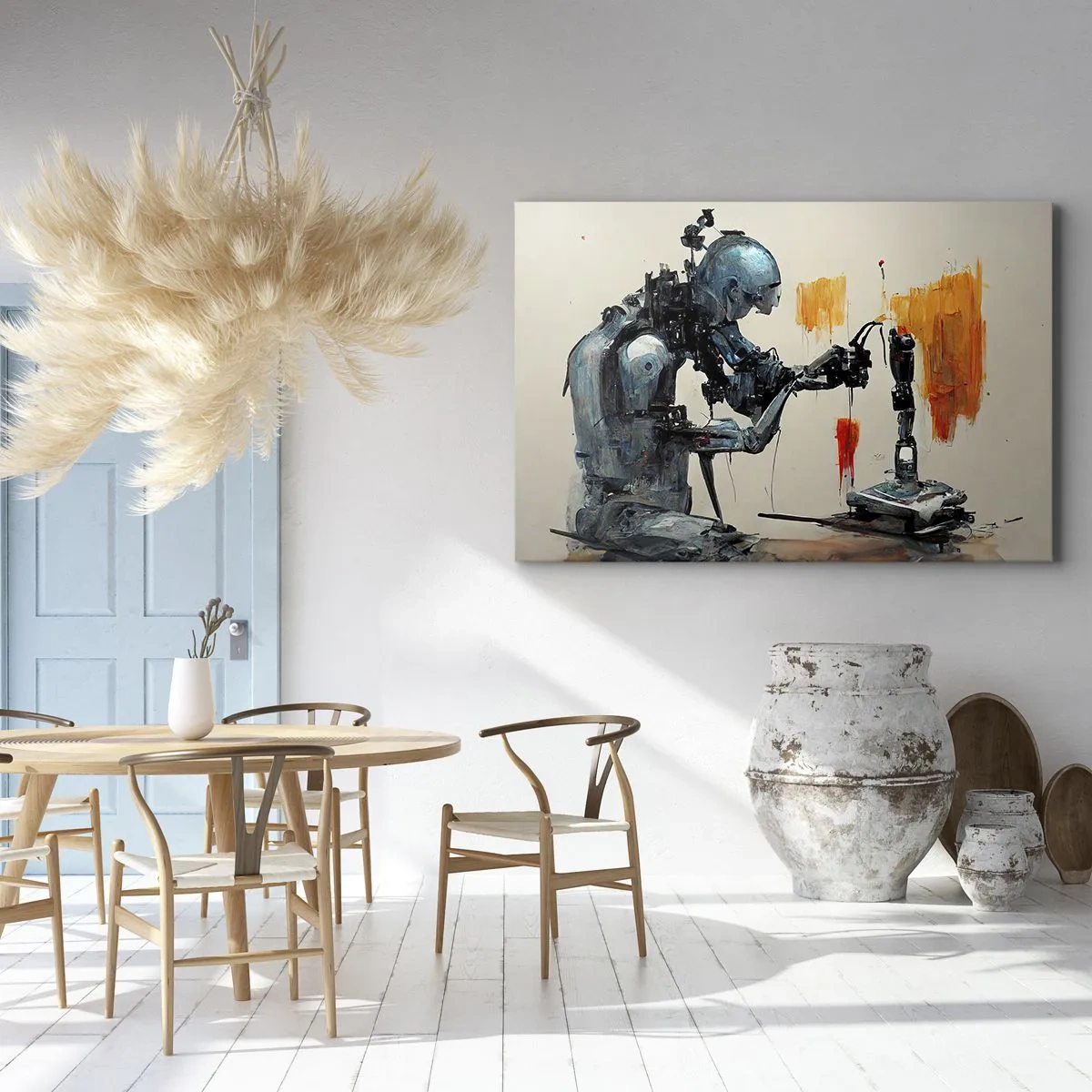 Tablou pe pânză Canvas - Robot la lucru cu fundal abstract - 70x50cm - Vine ziua de mâine..... - Decorațiune modernă pentru perete pentru living și dormitor ARTTOR