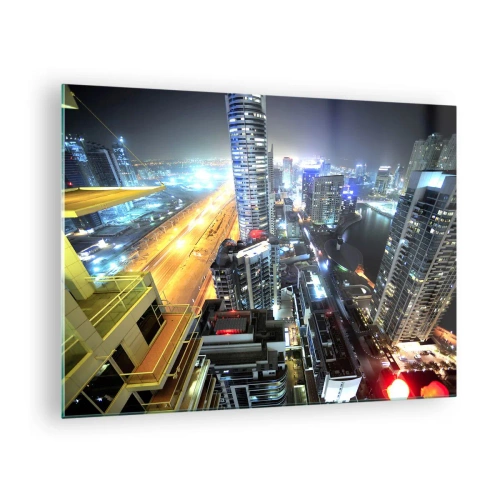 Tablou pe sticlă - Panoramă a orașului nocturn cu zgârie-nori iluminați - 70x50cm - Un miracol în deșert - Decorațiune modernă pentru perete pentru living și dormitor ARTTOR