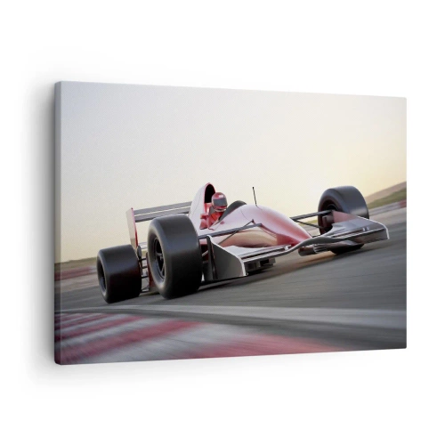 Tablou pe pânză Canvas - O mașină roșie de Formula 1 pe o pistă de curse în timp ce conduce - 70x50cm - Întotdeauna un câștigător - Decorațiune modernă pentru perete pentru living și dormitor ARTTOR