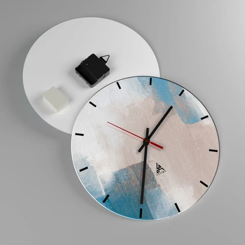 Ceas de perete - Ceas pe sticlă - Abstracție roz în spatele unui voal de albastru - 30x30 cm