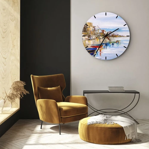 Ceas de perete - Ceas pe sticlă - Port urban multicolor - 30x30 cm