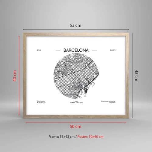 Poster în ramă de stejar deschis - Anatomia Barcelonei - 50x40 cm