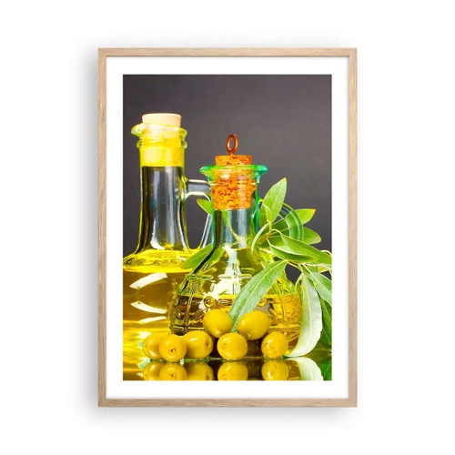 Poster în ramă de stejar deschis - Natură moarte cu măsline și ulei - 50x70 cm