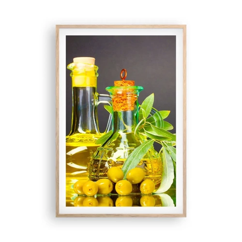 Poster în ramă de stejar deschis - Natură moarte cu măsline și ulei - 61x91 cm