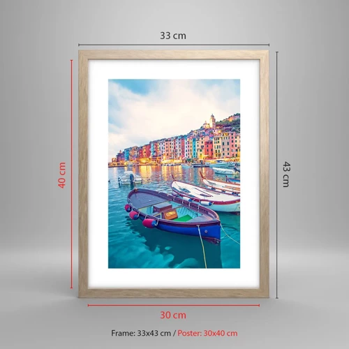 Poster în ramă de stejar deschis - O seară plină de culoare în port - 30x40 cm