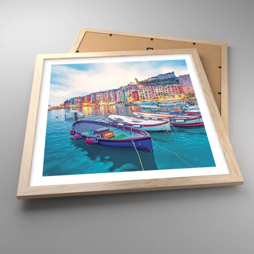 Poster în ramă de stejar deschis - O seară plină de culoare în port - 40x40 cm