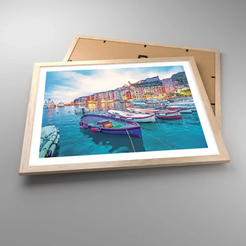 Poster în ramă de stejar deschis - O seară plină de culoare în port - 50x40 cm