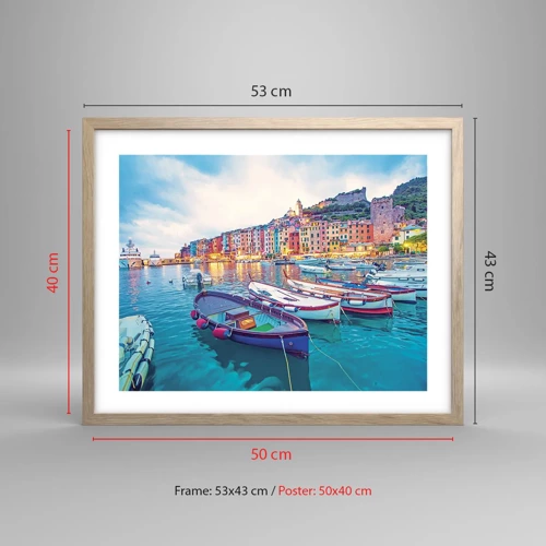 Poster în ramă de stejar deschis - O seară plină de culoare în port - 50x40 cm