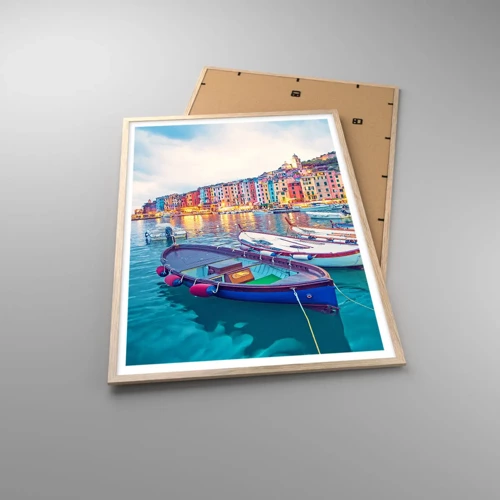 Poster în ramă de stejar deschis - O seară plină de culoare în port - 70x100 cm