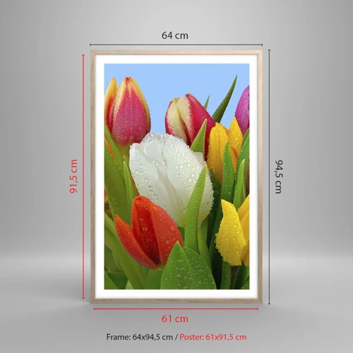 Poster în ramă de stejar deschis - Un curcubeu floral în picături de rouă - 61x91 cm