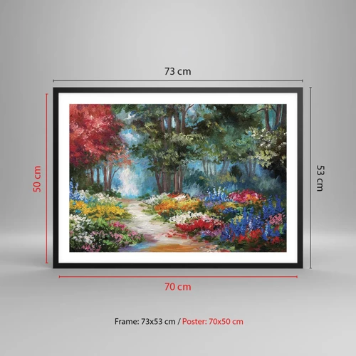 Poster în ramă neagră - Grădină de pădure, pădure de flori - 70x50 cm