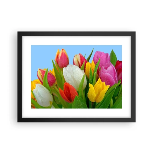 Poster în ramă neagră - Un curcubeu floral în picături de rouă - 40x30 cm