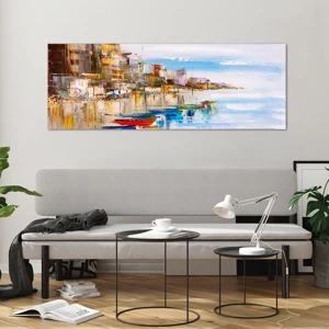 Tablou pe sticlă - Port urban multicolor - 140x50 cm